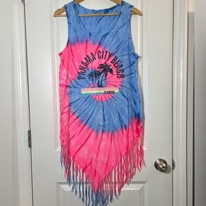 Beach by Exist Tie Dye Fringe Tank Dress L Panama City Beach Boho Cover Up